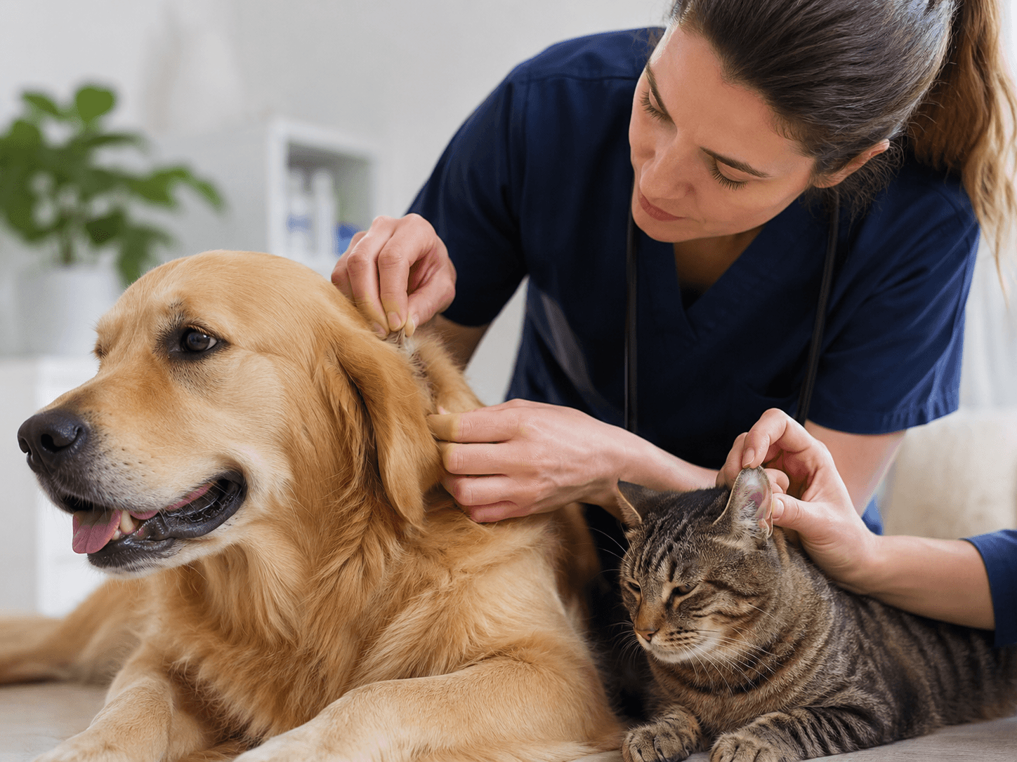 Veterinarian checking a dog and cat for fleas and ticks.