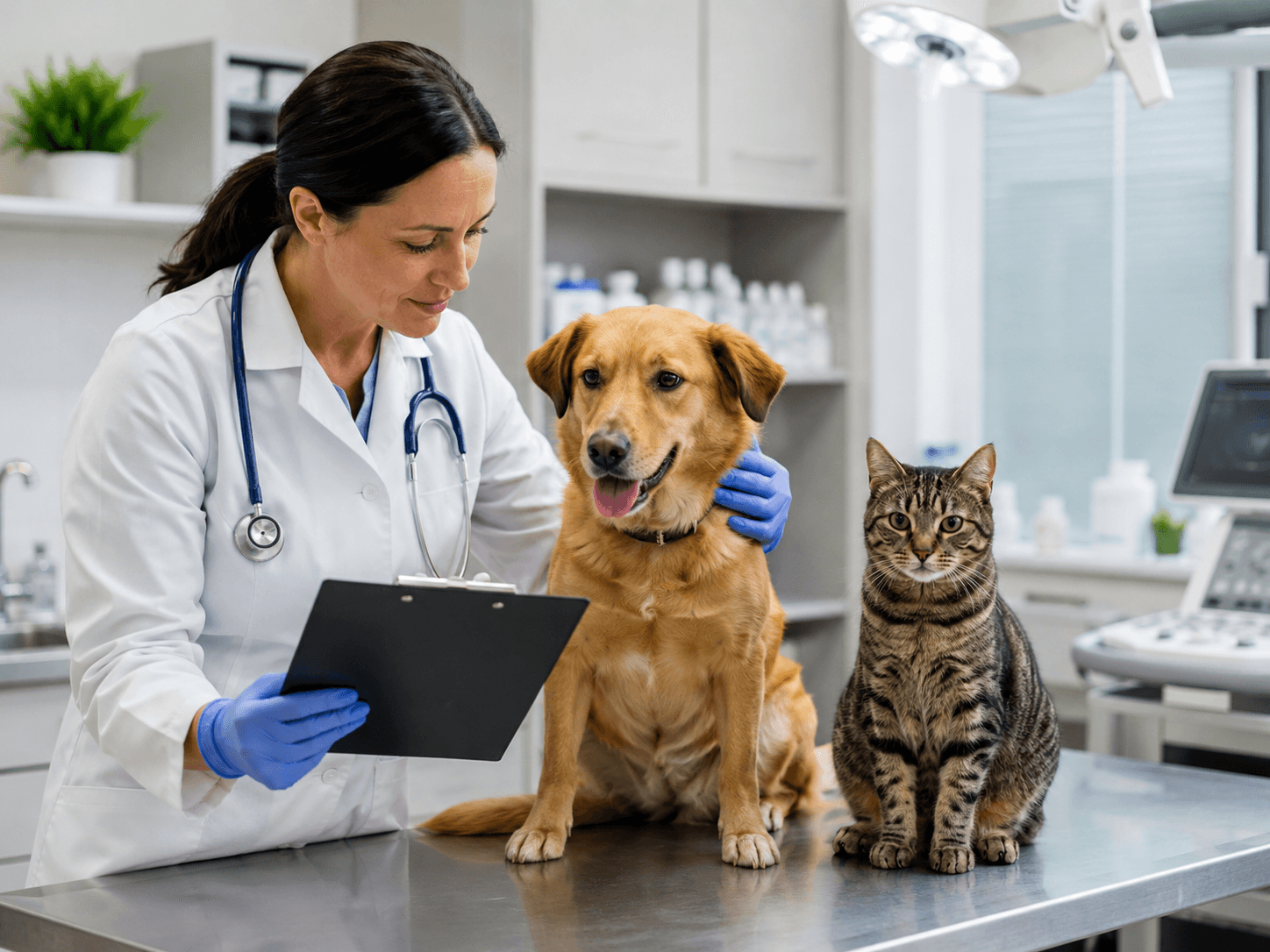 Veterinarian examining a dog and cat during a parasite control checkup.