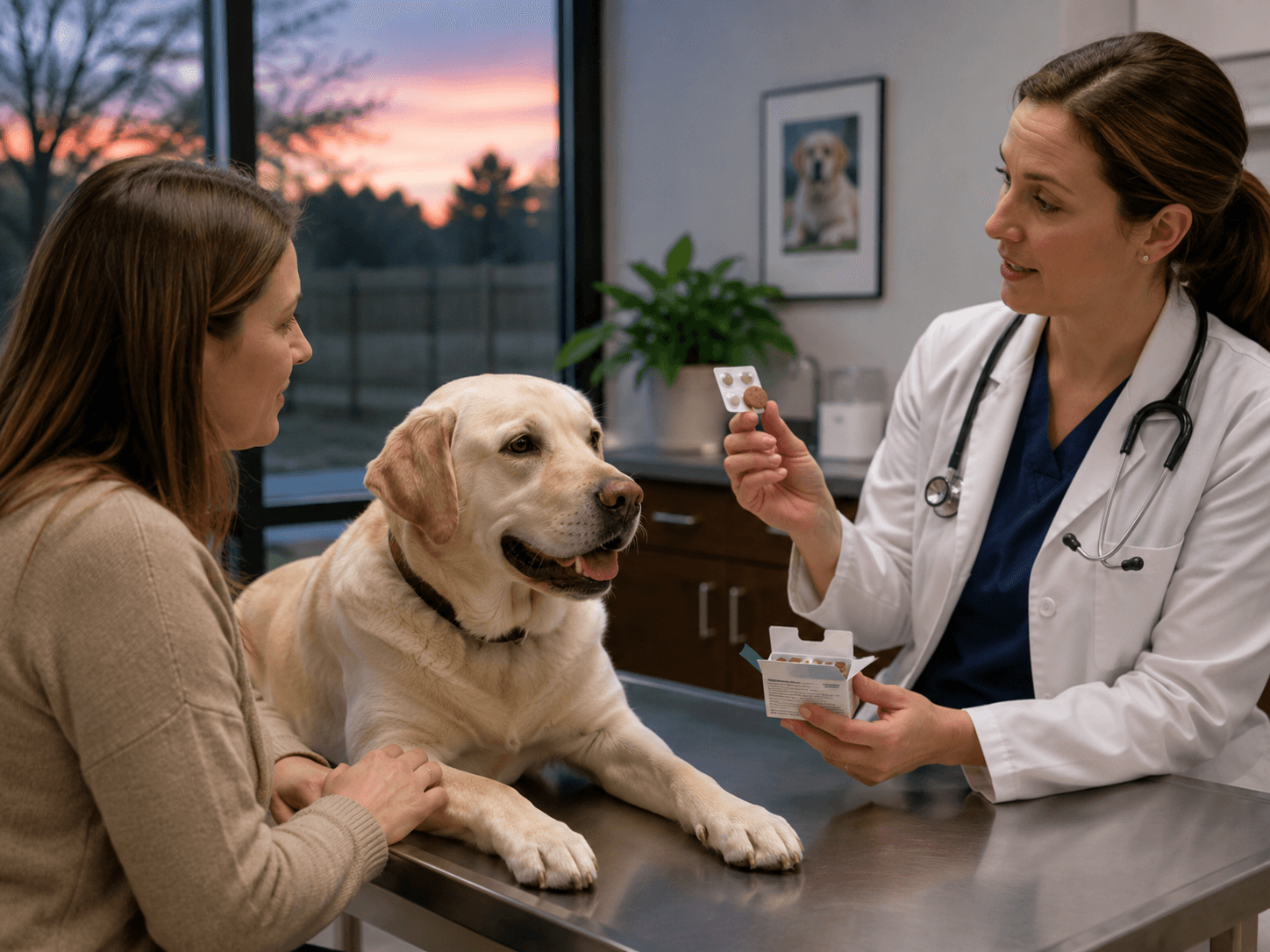 Veterinarian discussing heartworm prevention medicine with a dog owner.