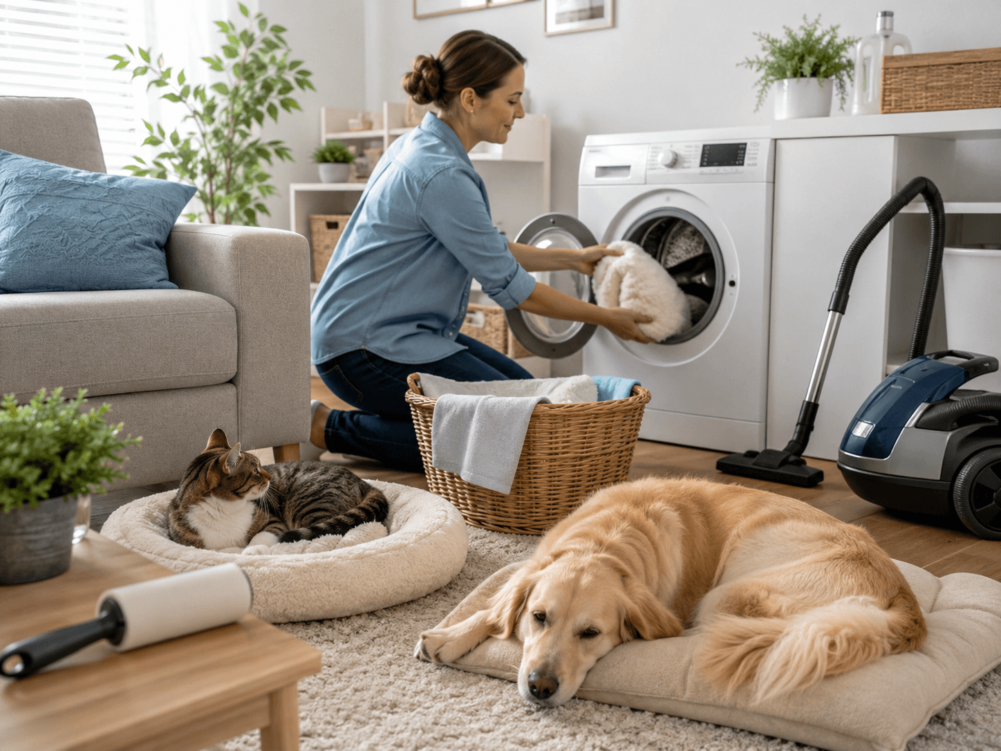 Pet owner cleaning bedding and vacuuming to help prevent fleas and parasites at home.