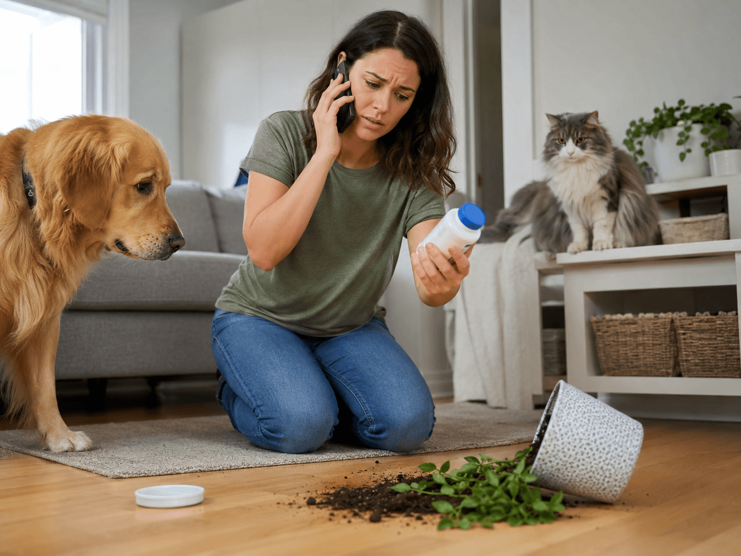 Concerned pet owner calling a veterinarian after possible poisoning exposure in a dog and cat.