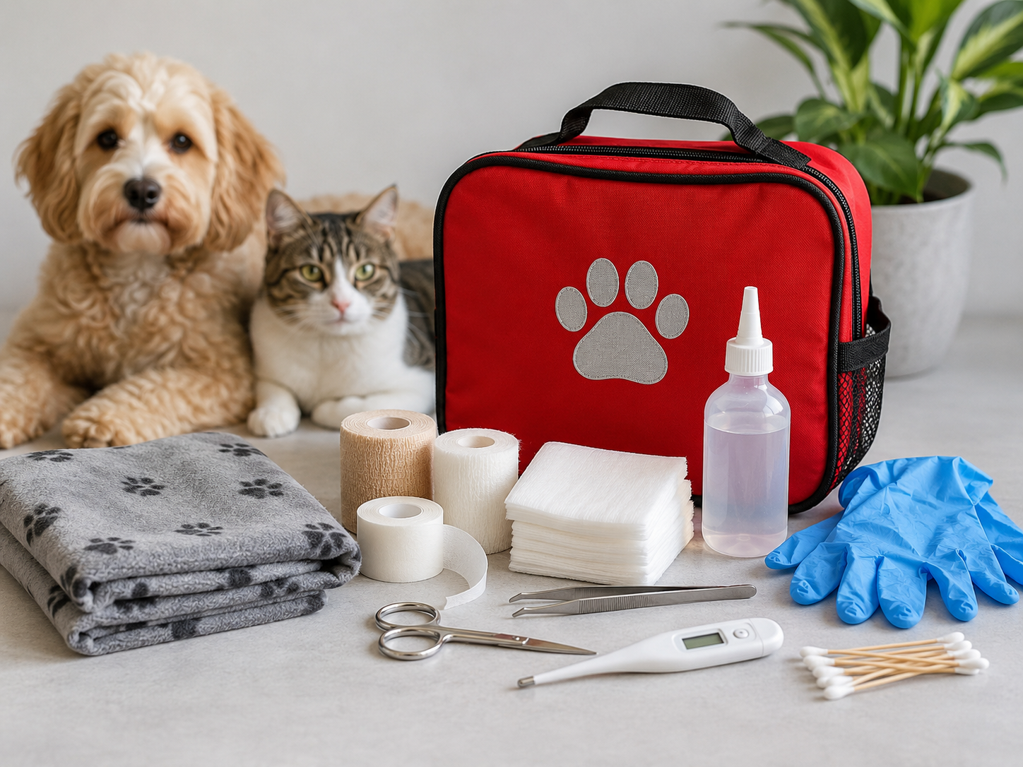 Pet first aid kit with bandages, gauze, gloves, thermometer, saline, scissors, tweezers, towel, dog, and cat.
