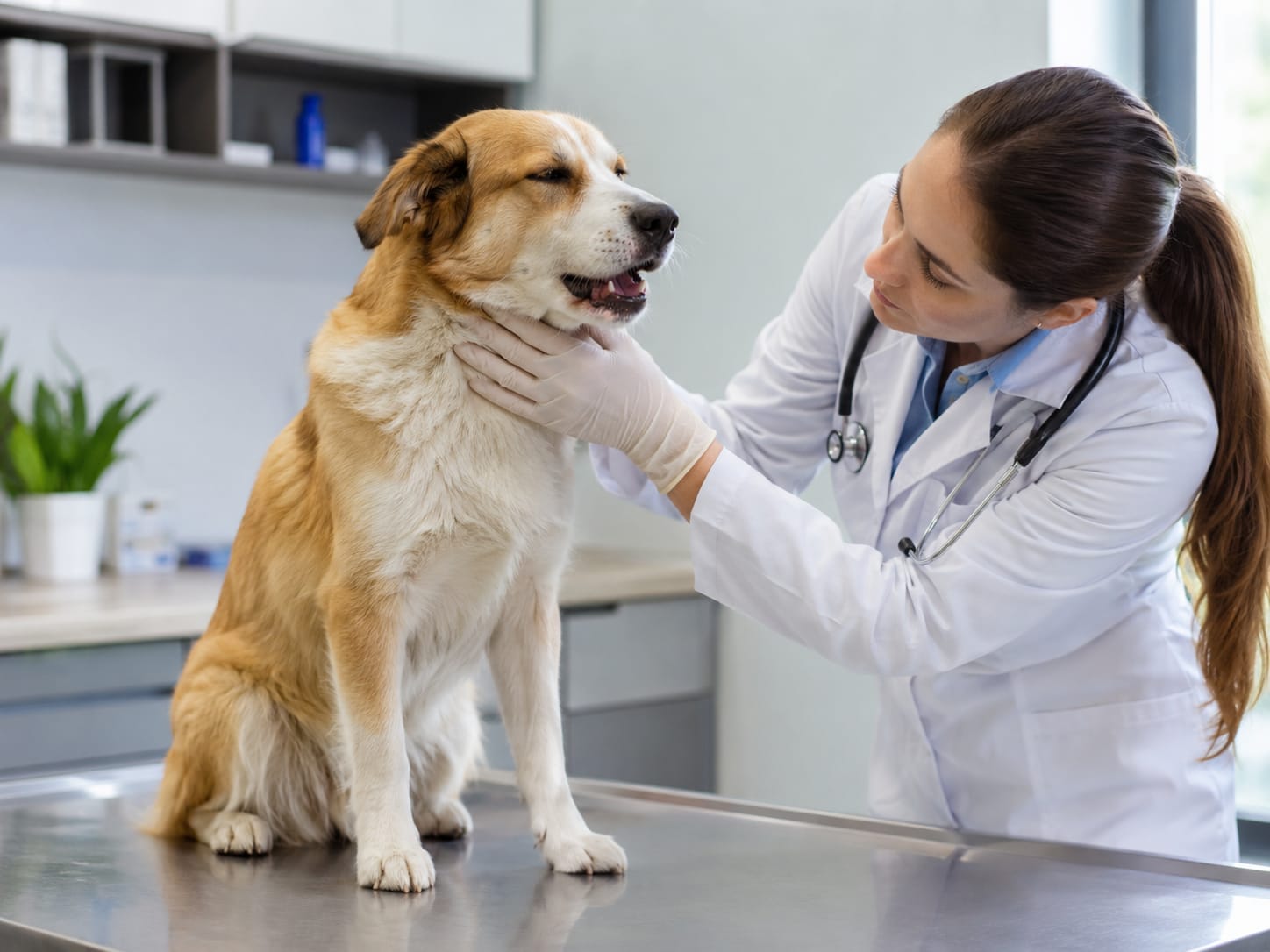 Veterinarian examining a calm dog with gagging or throat irritation signs in a modern clinic.