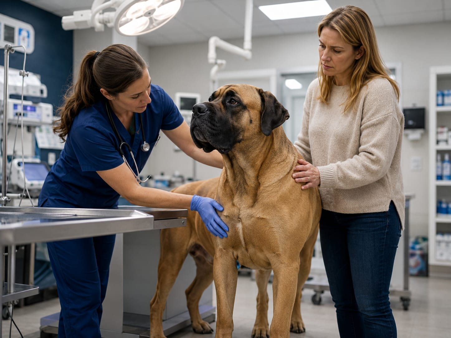 Veterinarian checking a deep-chested dog for abdominal discomfort and emergency retching signs.