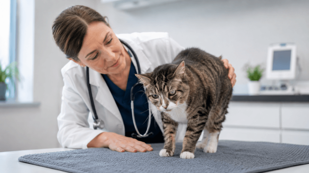 Senior cat standing carefully on a non-slip clinic mat while a veterinarian checks balance.