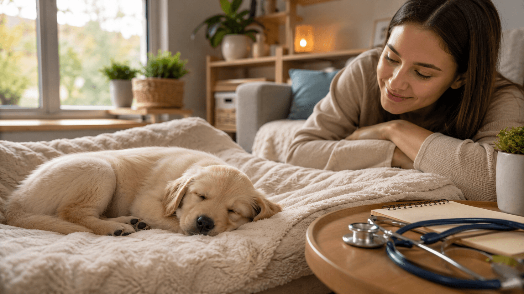 Young puppy sleeping peacefully on a soft blanket while an owner calmly observes nearby.