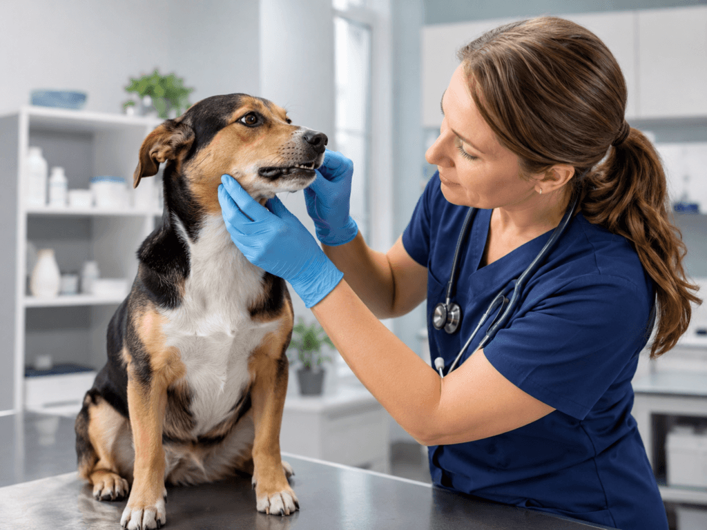 Veterinarian gently checking a calm dog’s mouth and lips during a clinic exam.