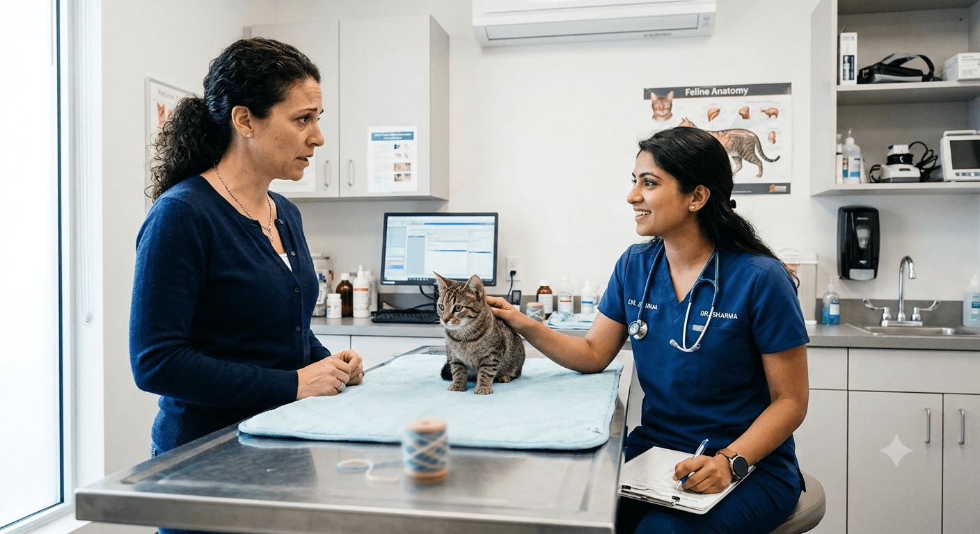 Veterinarian explaining the dangers of a cat swallowing string to an owner in an exam room.