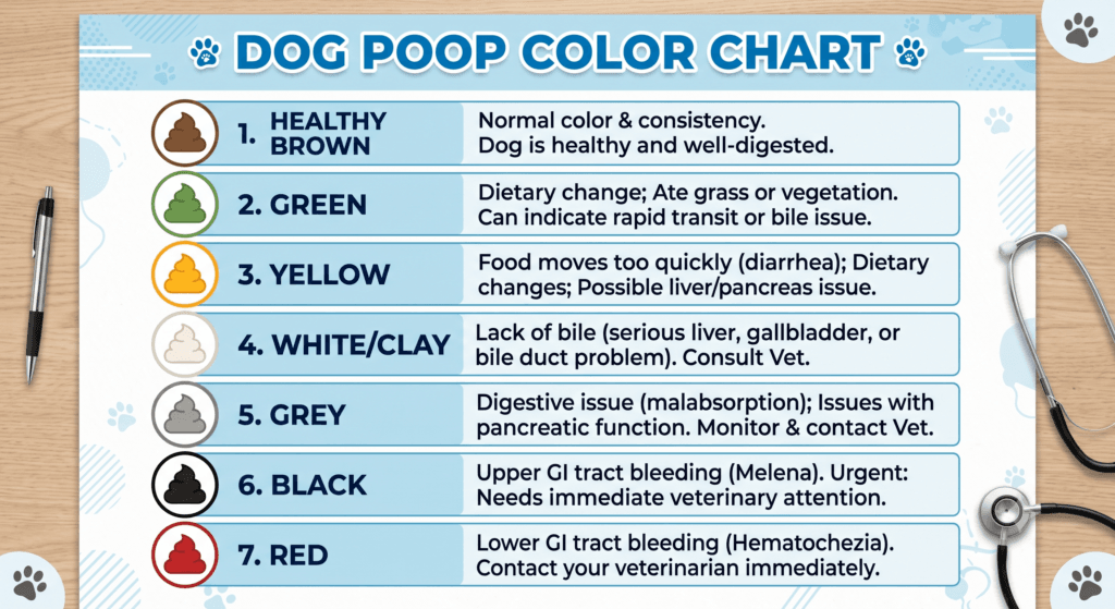 Dog poop color chart infographic showing healthy brown stool versus abnormal green, yellow, black, and red stools.