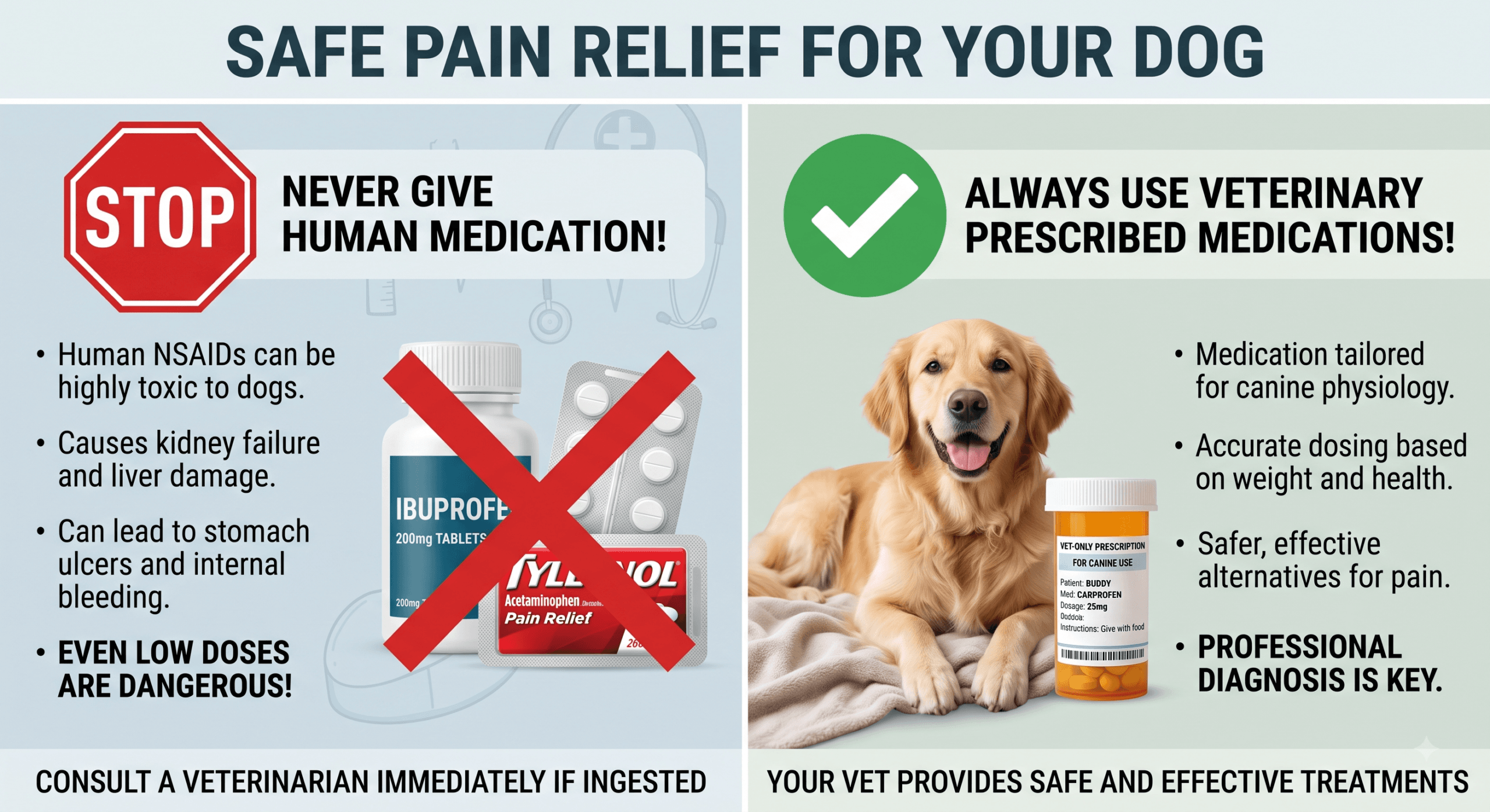 Infographic showing toxic human pain medicine for dogs versus safe veterinary prescribed pain relief.