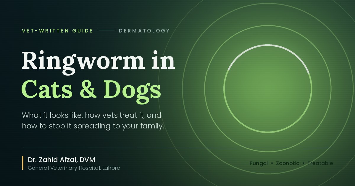 Ringworm in cats and dogs vet guide banner with Wood's lamp green glow and ring-shaped lesion diagram